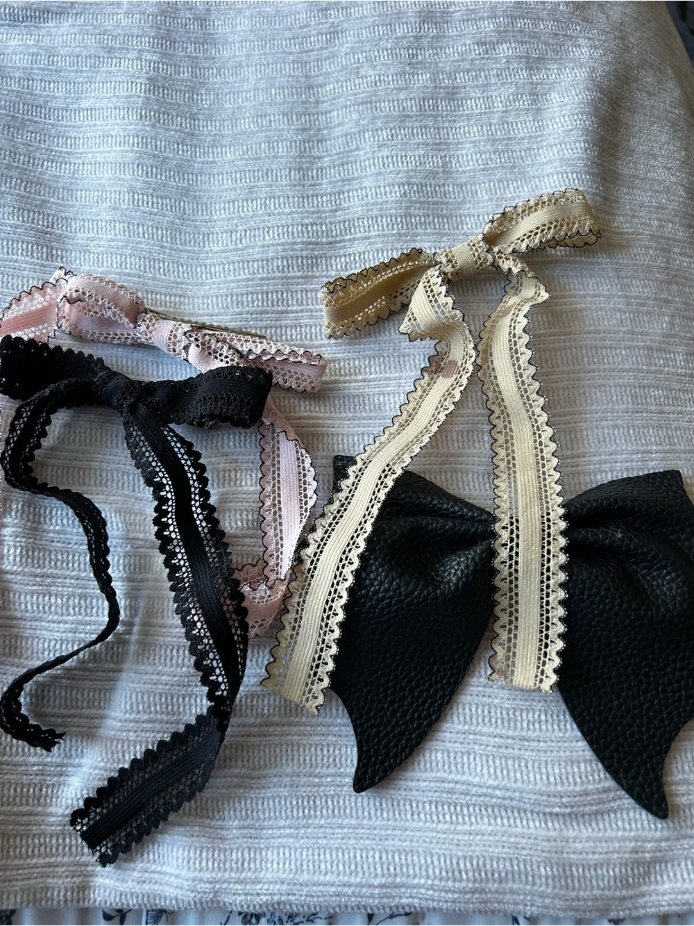 Black Faux Leather Bow Hair Clips with Cream and Pink Lace Ties